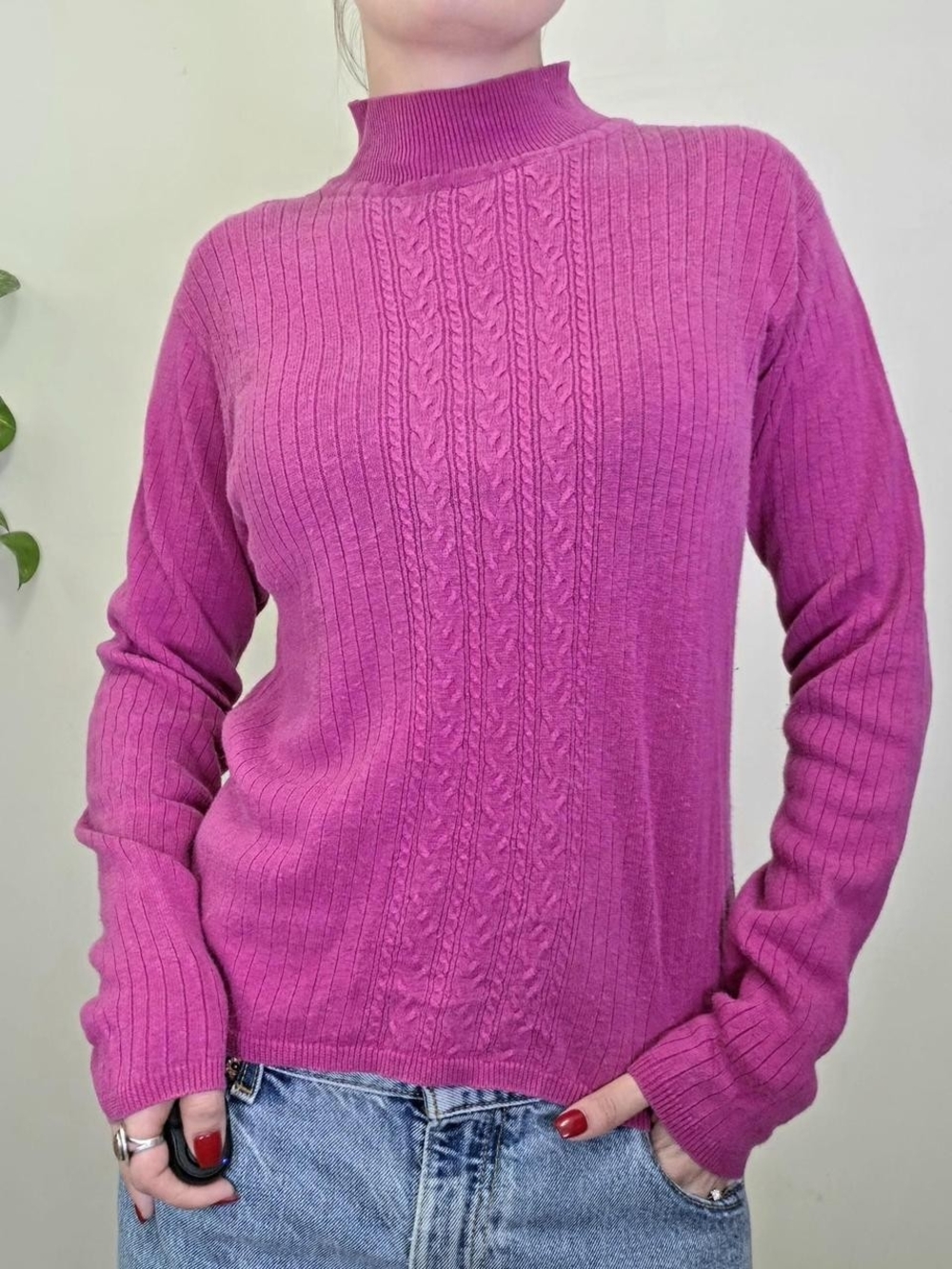 1990s Vintage Pink Sweater Low Turtleneck Size M